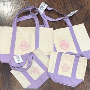 NWT Trader Joe’s Set of 2 Large Lavender Totes and 2 Mini Purple Canvas Totes